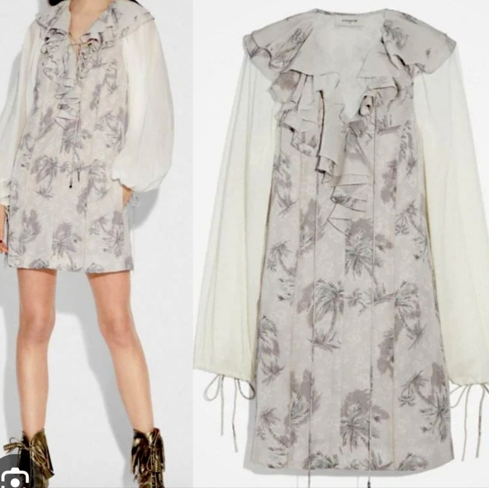 coach Floral Ruffle Dress in Gray and Cream